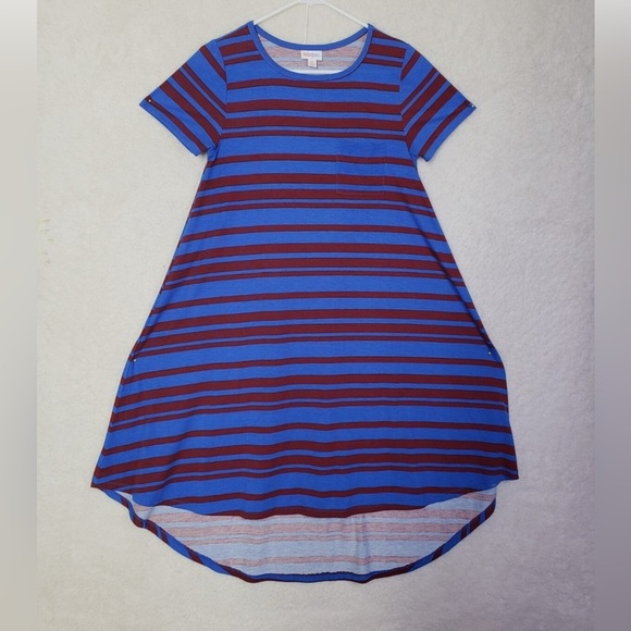 LuLaRoe Women’s Hi-Low Midi Dress – Size M – Blue & Burgundy Striped – EUC - Picture 2 of 6